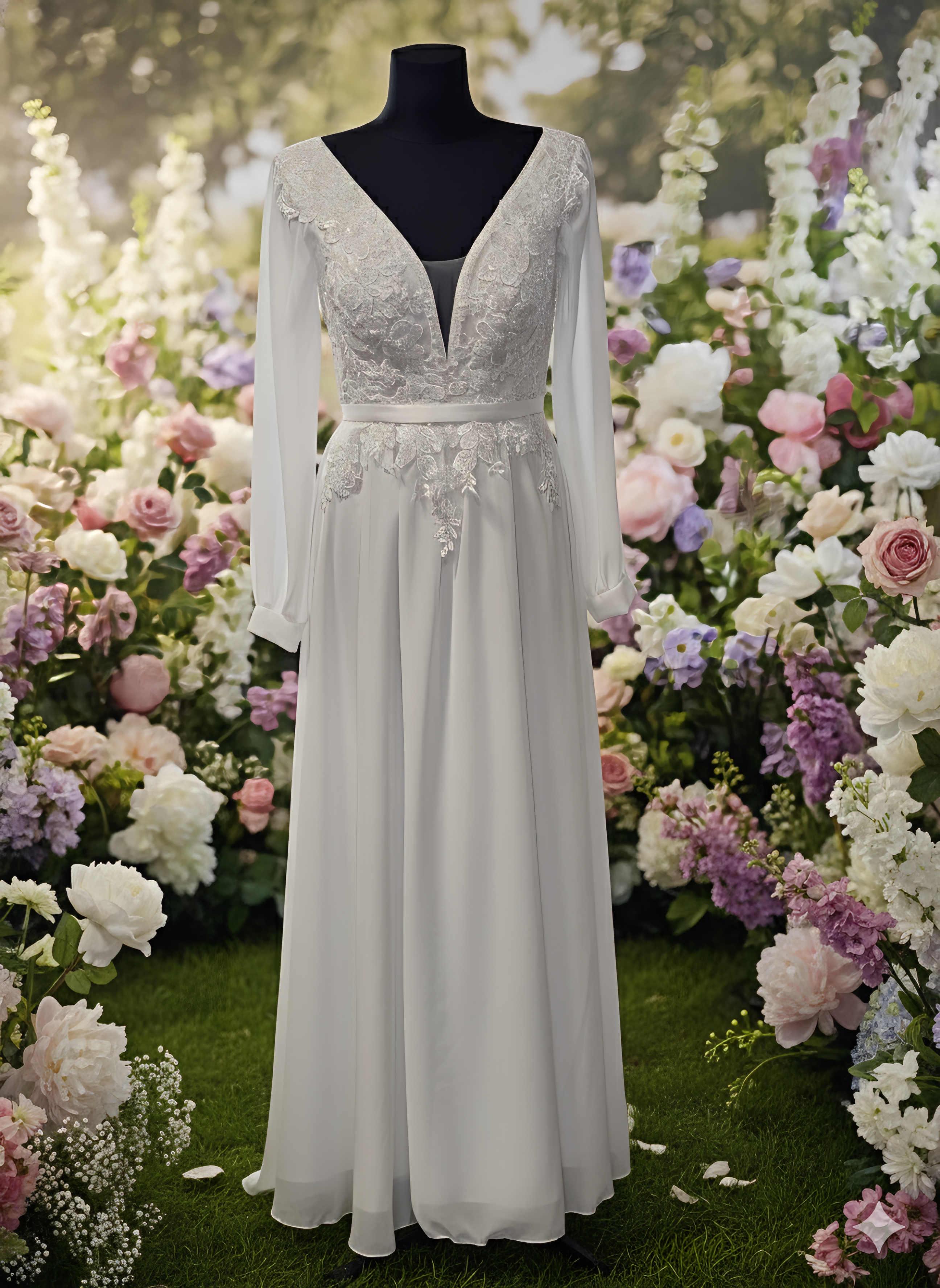 svatební šaty se spadlým rukávem a květinami